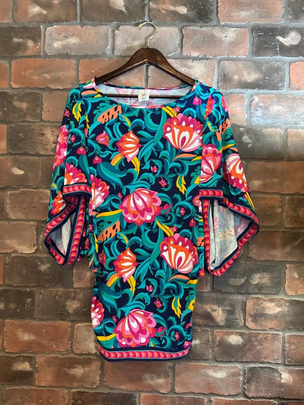 Trina Turk Teal Floral Batwing Tunic with Pink & Orange Accents